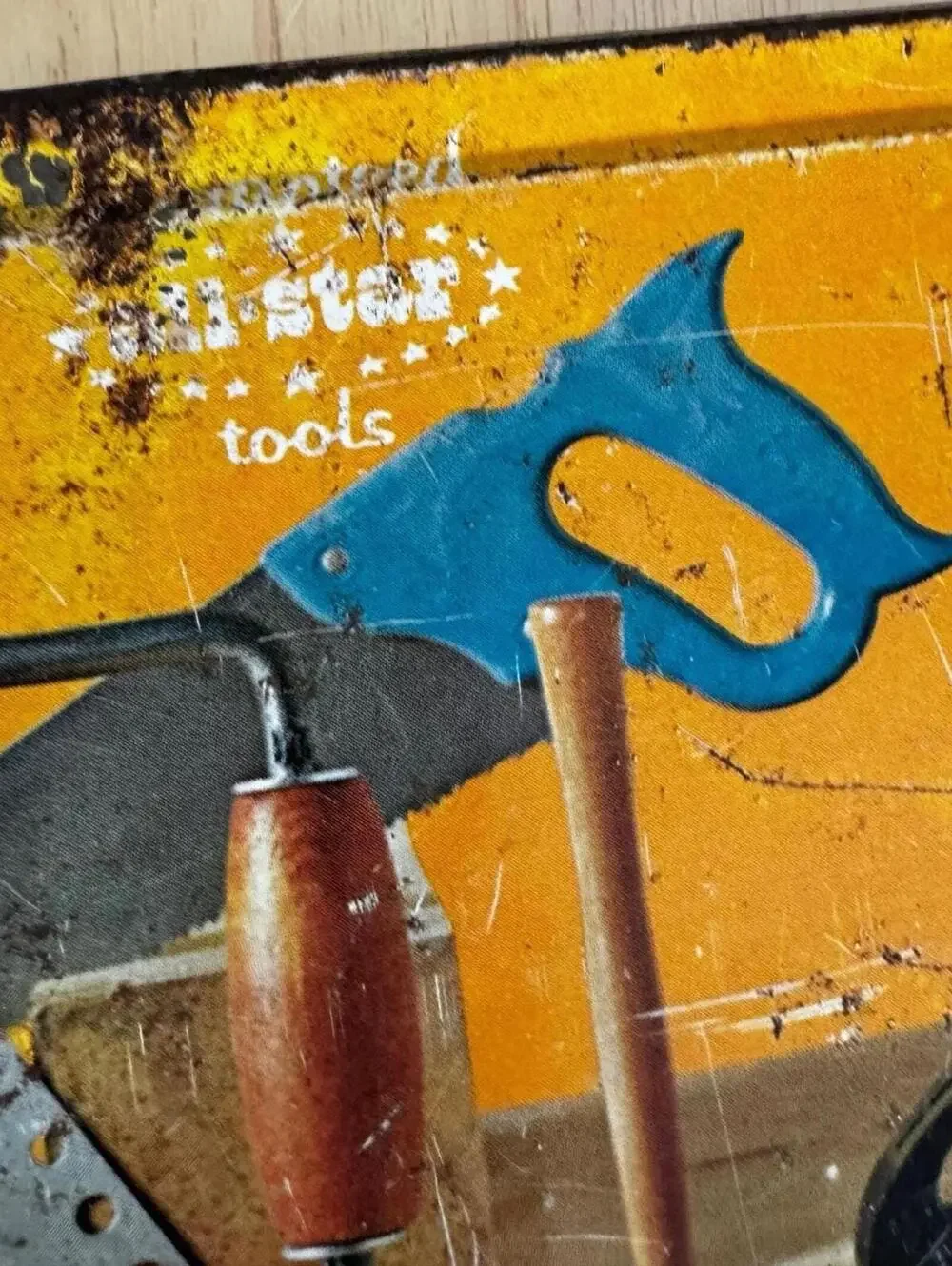 Tool Chest Vintage Junior Tools Star, Tin Lithographed Lid, Blue Plastic Saw